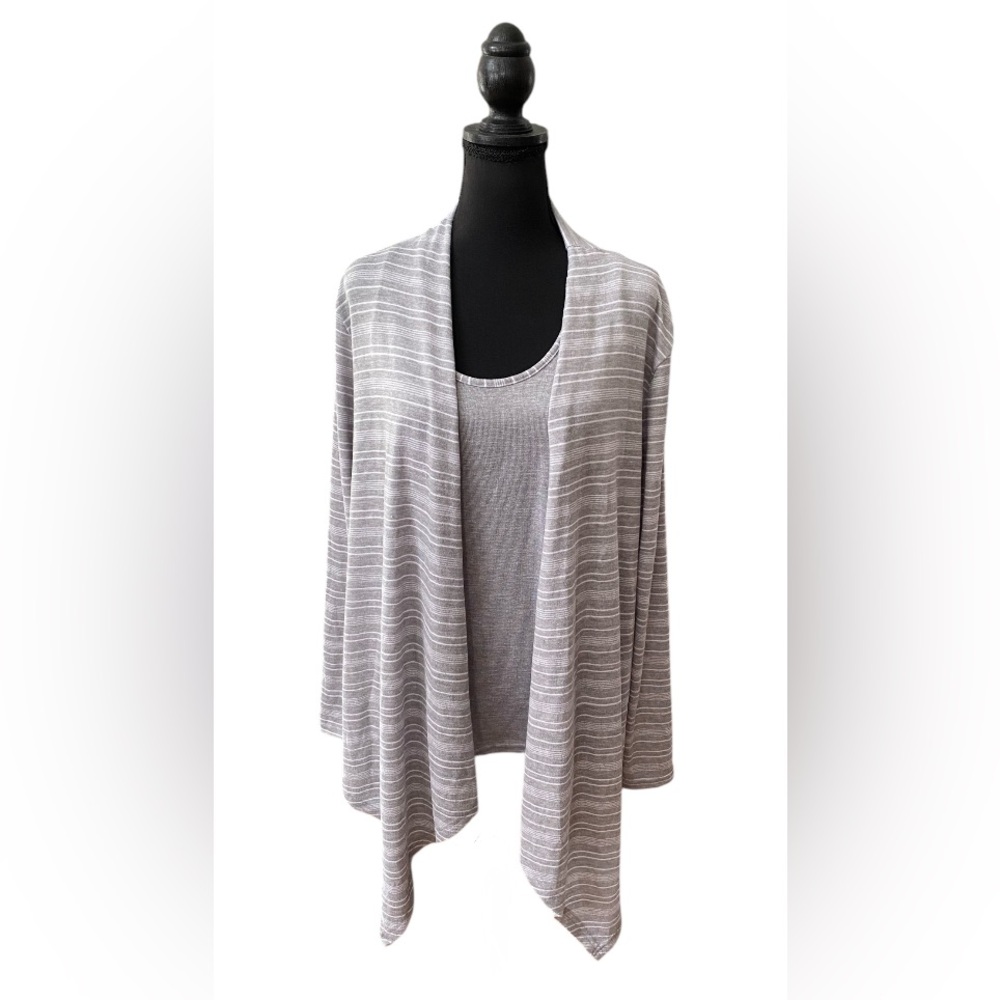 Tahari: Gray Striped Open Cardigan with Tank Top